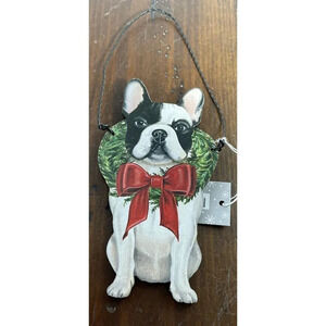 Boston Terrier Wreath Bow Dog Holiday‎ Christmas Wood Ornament Wire Hanger NEW